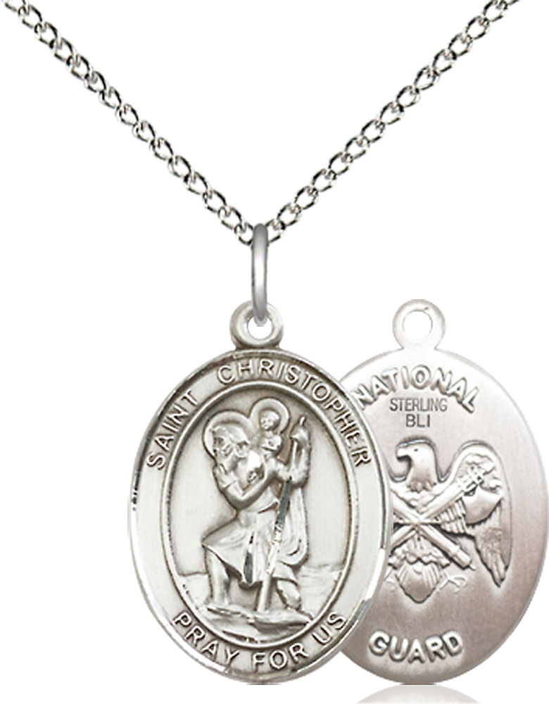 Sterling Silver Saint Christopher National Guard Pendant on a 18 inch Sterling Silver Light Curb chain
