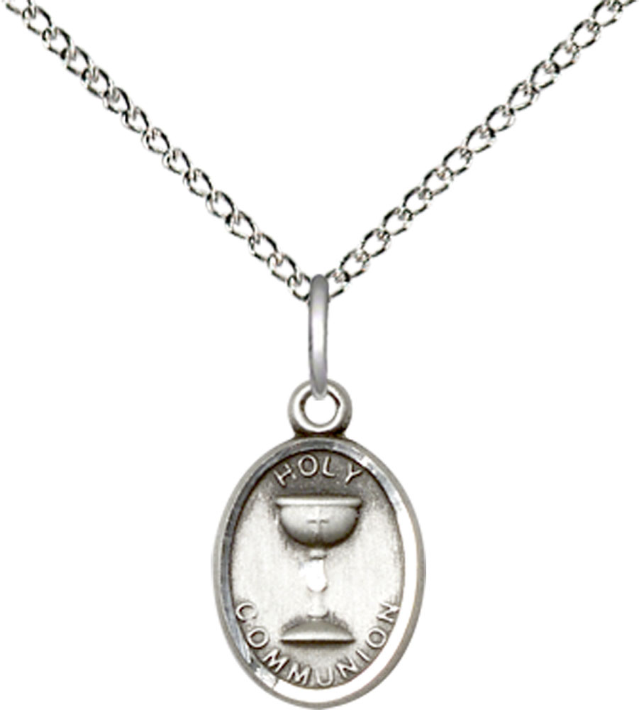 Sterling Silver Holy Communion Pendant on a 18 inch Sterling Silver Light Curb chain