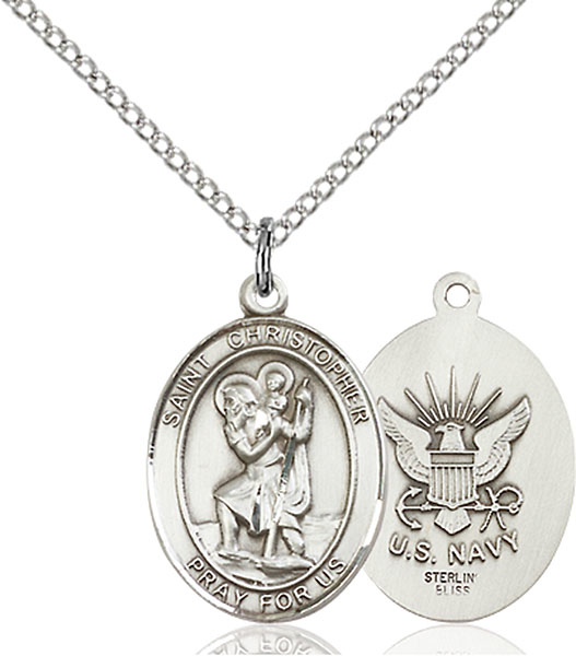 Sterling Silver Saint Christopher Navy Pendant on a 18 inch Light Rhodium Light Curb chain