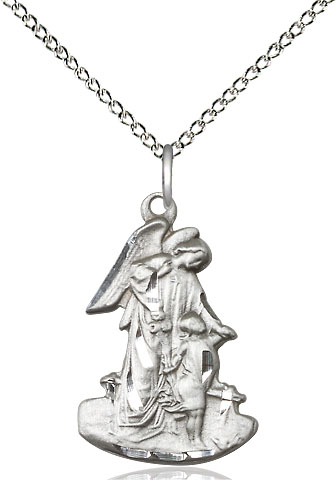 Sterling Silver Guardian Angel Pendant on a 18 inch Sterling Silver Light Curb chain