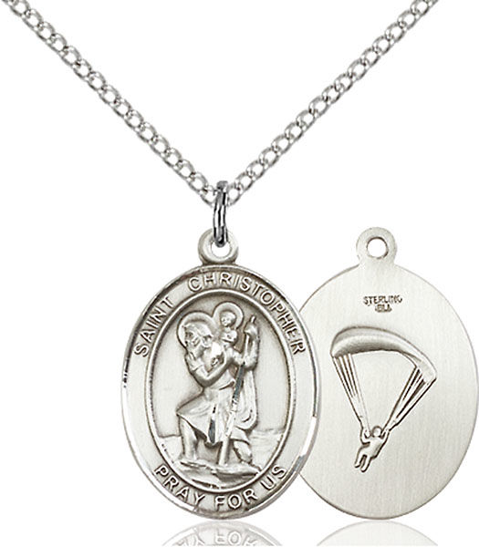 Sterling Silver Saint Christopher Paratrooper Pendant on a 18 inch Light Rhodium Light Curb chain