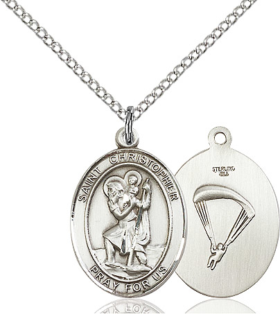 Sterling Silver Saint Christopher Paratrooper Pendant on a 18 inch Sterling Silver Light Curb chain