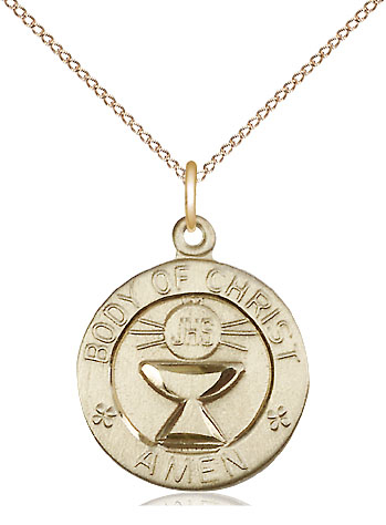 14kt Gold Filled Body of Christ Pendant on a 18 inch Gold Filled Light Curb chain