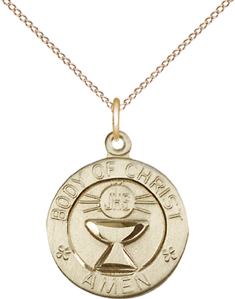 14kt Gold Filled Body of Christ Pendant on a 18 inch Gold Filled Light Curb chain