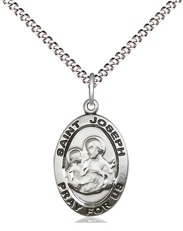 Sterling Silver Saint Joseph Pendant on a 18 inch Light Rhodium Light Curb chain