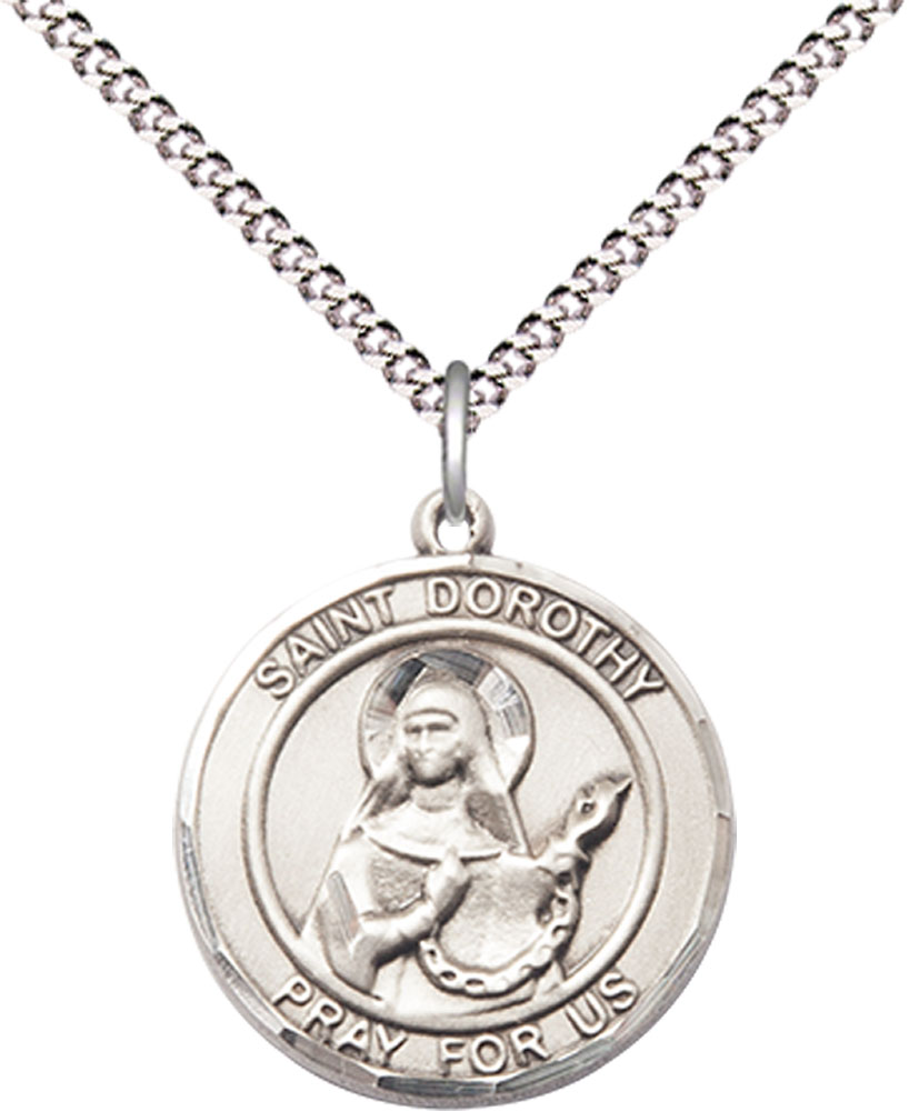 Sterling Silver Saint Dorothy Pendant on a 18 inch Light Rhodium Light Curb chain