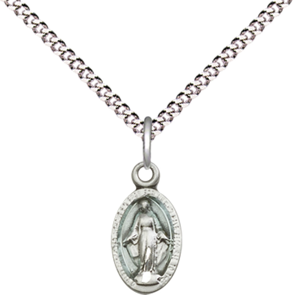 Sterling Silver Miraculous Pendant on a 18 inch Light Rhodium Light Curb chain