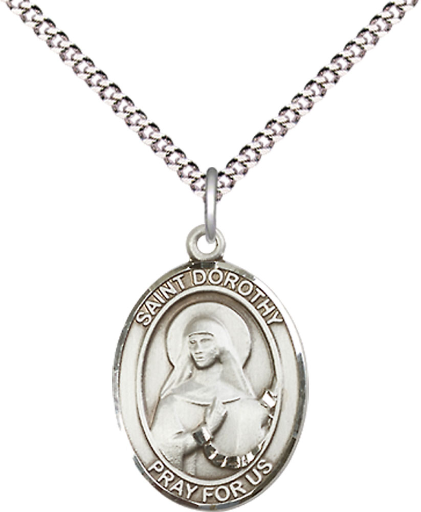 Sterling Silver Saint Dorothy Pendant on a 18 inch Light Rhodium Light Curb chain