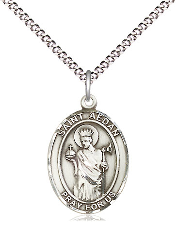 Sterling Silver Saint Aedan of Ferns Pendant on a 18 inch Light Rhodium Light Curb chain