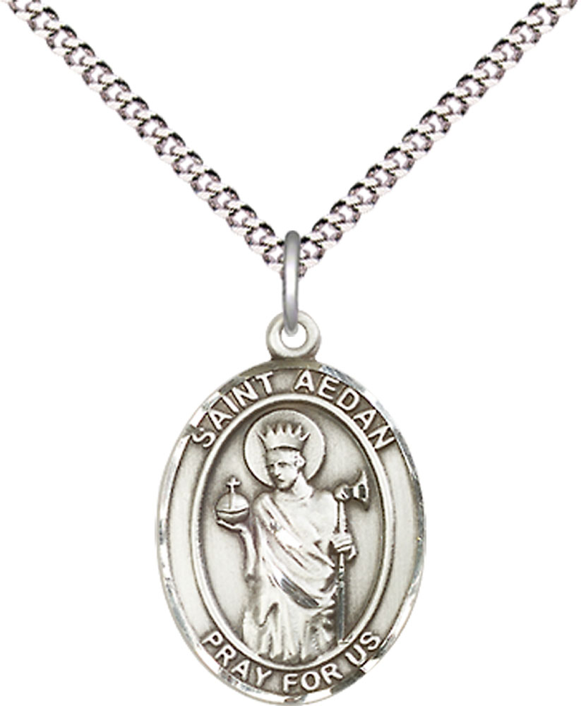 Sterling Silver Saint Aedan of Ferns Pendant on a 18 inch Light Rhodium Light Curb chain