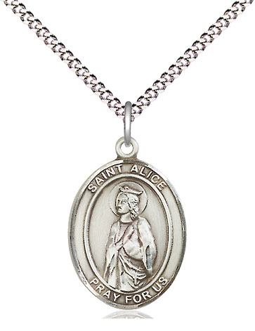 Sterling Silver Saint Alice Pendant on a 18 inch Light Rhodium Light Curb chain