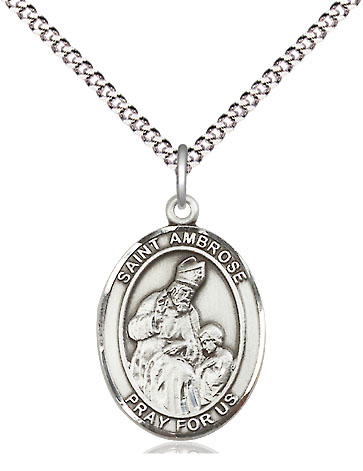 Sterling Silver Saint Ambrose Pendant on a 18 inch Light Rhodium Light Curb chain