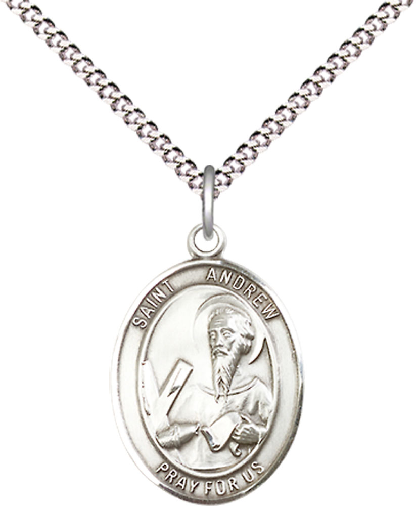Sterling Silver Saint Andrew the Apostle Pendant on a 18 inch Light Rhodium Light Curb chain