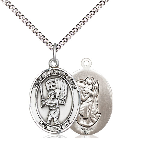 Sterling Silver Saint Christopher Baseball Pendant on a 18 inch Light Rhodium Light Curb chain