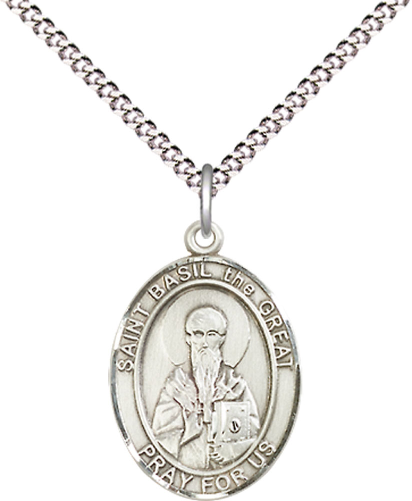 Sterling Silver Saint Basil the Great Pendant on a 18 inch Light Rhodium Light Curb chain