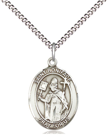 Sterling Silver Saint Boniface Pendant on a 18 inch Light Rhodium Light Curb chain