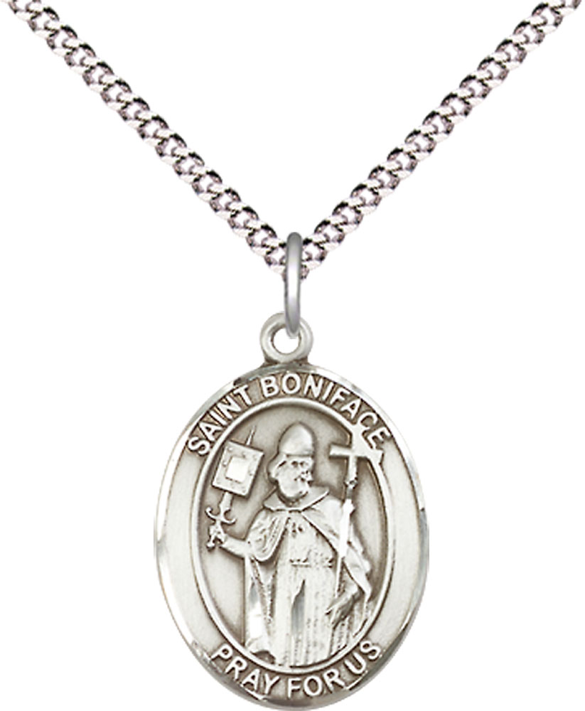 Sterling Silver Saint Boniface Pendant on a 18 inch Light Rhodium Light Curb chain