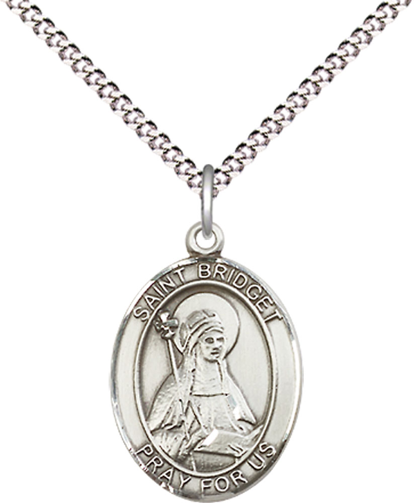 Sterling Silver Saint Bridget of Sweden Pendant on a 18 inch Light Rhodium Light Curb chain