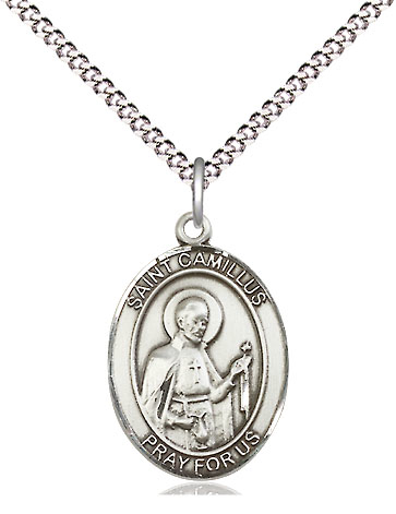 Sterling Silver Saint Camillus of Lellis Pendant on a 18 inch Light Rhodium Light Curb chain