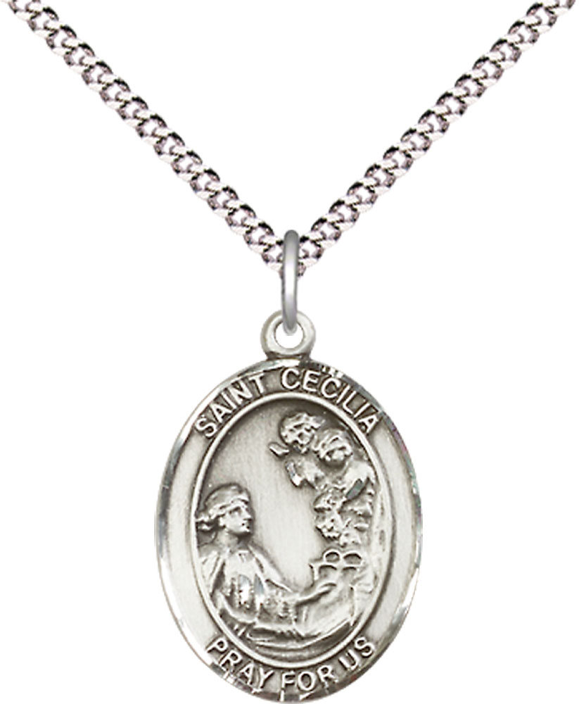 Sterling Silver Saint Cecilia Pendant on a 18 inch Light Rhodium Light Curb chain