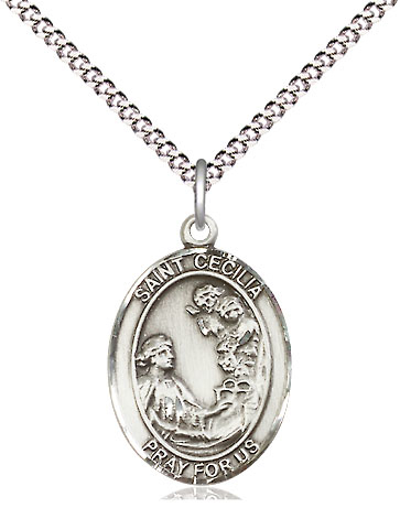 Sterling Silver Saint Cecilia Pendant on a 18 inch Light Rhodium Light Curb chain