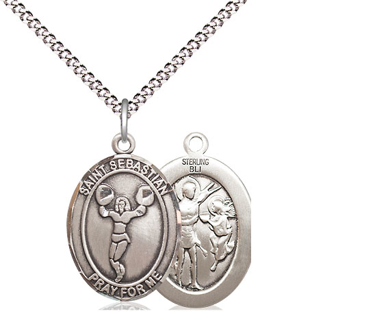 Sterling Silver Saint Sebastian Cheerleading Pendant on a 18 inch Light Rhodium Light Curb chain