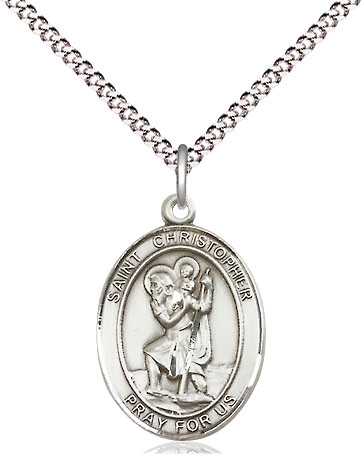 Sterling Silver Saint Christopher Pendant on a 18 inch Light Rhodium Light Curb chain