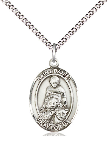 Sterling Silver Saint Daniel Pendant on a 18 inch Light Rhodium Light Curb chain