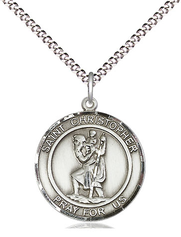 Sterling Silver Saint Christopher Pendant on a 18 inch Light Rhodium Light Curb chain