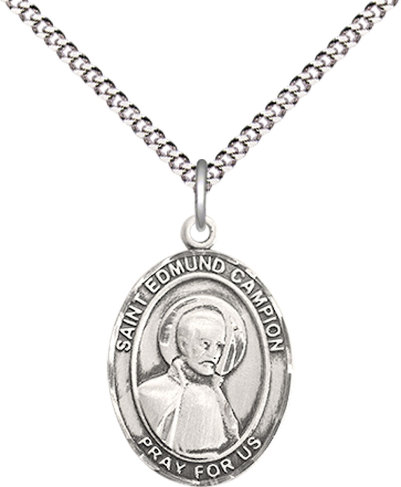 Sterling Silver Saint Edmund Campion Pendant on a 18 inch Light Rhodium Light Curb chain