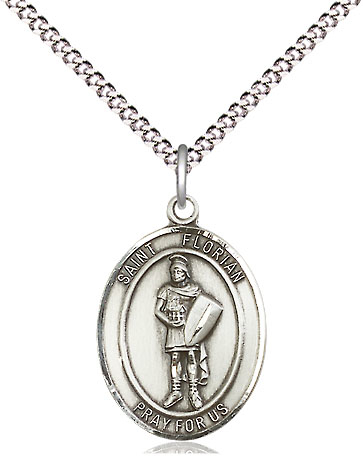 Sterling Silver Saint Florian Pendant on a 18 inch Light Rhodium Light Curb chain