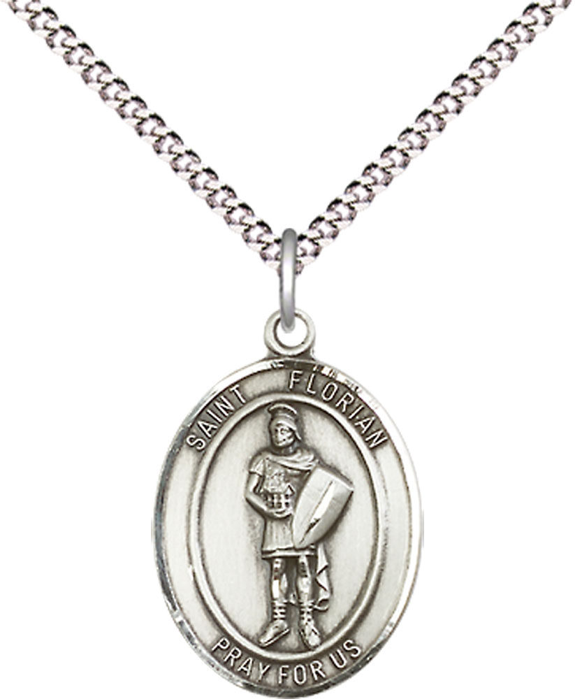 Sterling Silver Saint Florian Pendant on a 18 inch Light Rhodium Light Curb chain