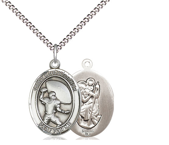 Sterling Silver Saint Christpher Football Pendant on a 18 inch Light Rhodium Light Curb chain