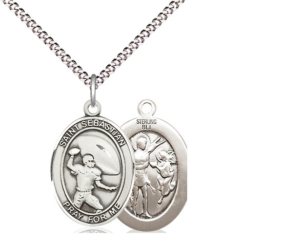 Sterling Silver Saint Sebastian Football Pendant on a 18 inch Light Rhodium Light Curb chain