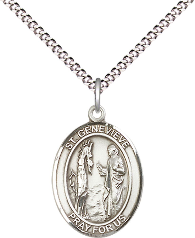 Sterling Silver Saint Genevieve Pendant on a 18 inch Light Rhodium Light Curb chain