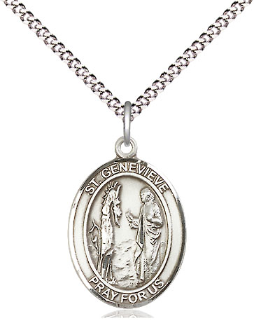 Sterling Silver Saint Genevieve Pendant on a 18 inch Light Rhodium Light Curb chain