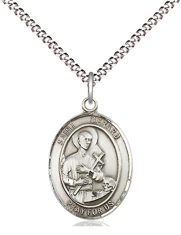 Sterling Silver Saint Gerard Majella Pendant on a 18 inch Light Rhodium Light Curb chain