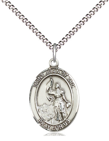 Sterling Silver Saint Joan of Arc Pendant on a 18 inch Light Rhodium Light Curb chain