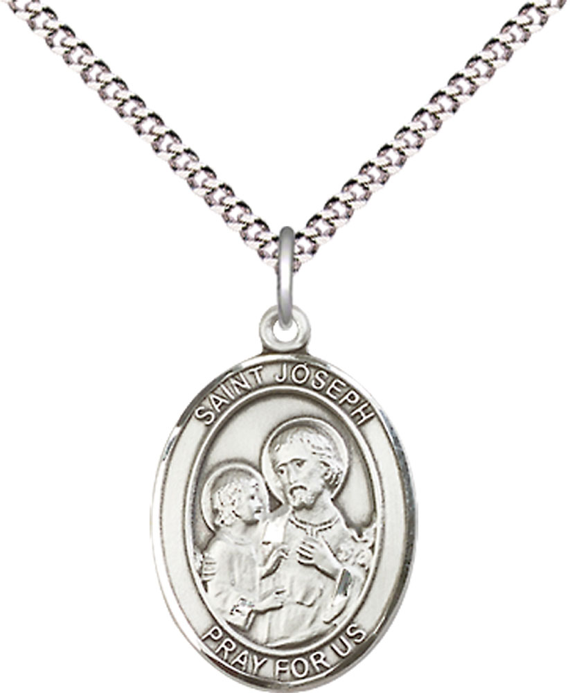 Sterling Silver Saint Joseph Pendant on a 18 inch Light Rhodium Light Curb chain
