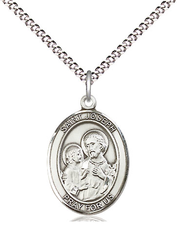 Sterling Silver Saint Joseph Pendant on a 18 inch Light Rhodium Light Curb chain