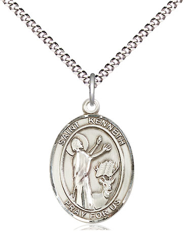 Sterling Silver Saint Kenneth Pendant on a 18 inch Light Rhodium Light Curb chain