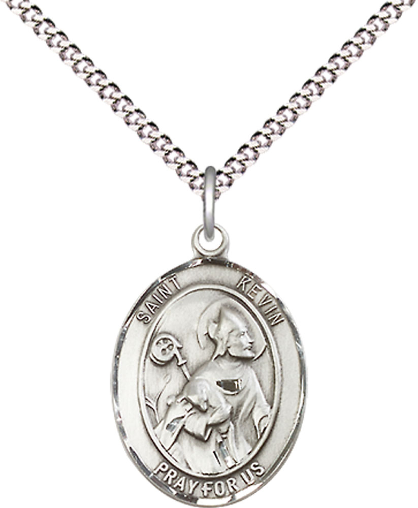 Sterling Silver Saint Kevin Pendant on a 18 inch Light Rhodium Light Curb chain