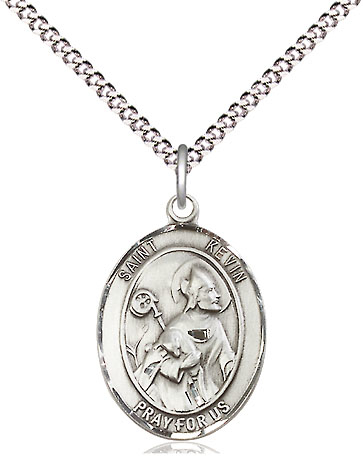 Sterling Silver Saint Kevin Pendant on a 18 inch Light Rhodium Light Curb chain