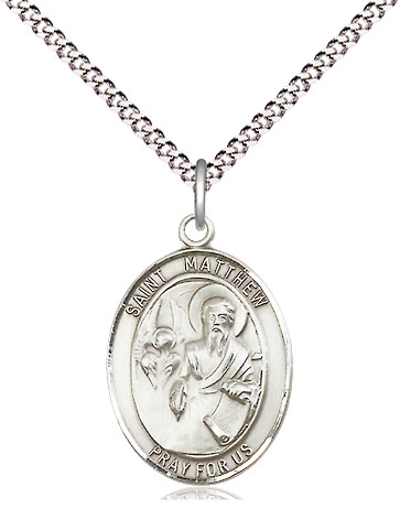 Sterling Silver Saint Matthew the Apostle Pendant on a 18 inch Light Rhodium Light Curb chain