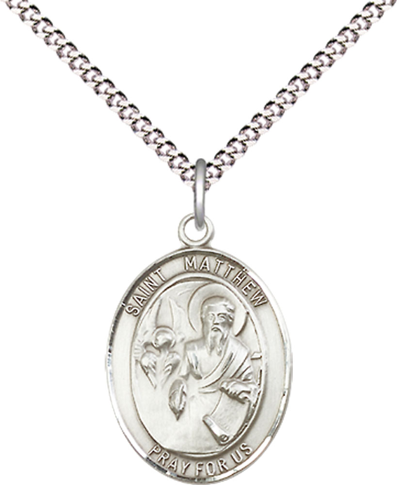Sterling Silver Saint Matthew the Apostle Pendant on a 18 inch Light Rhodium Light Curb chain