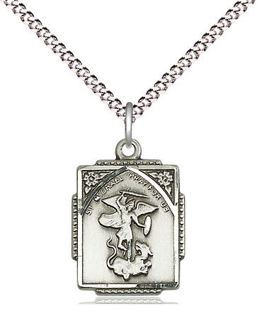 Sterling Silver Saint Michael the Archangel Pendant on a 18 inch Light Rhodium Light Curb chain