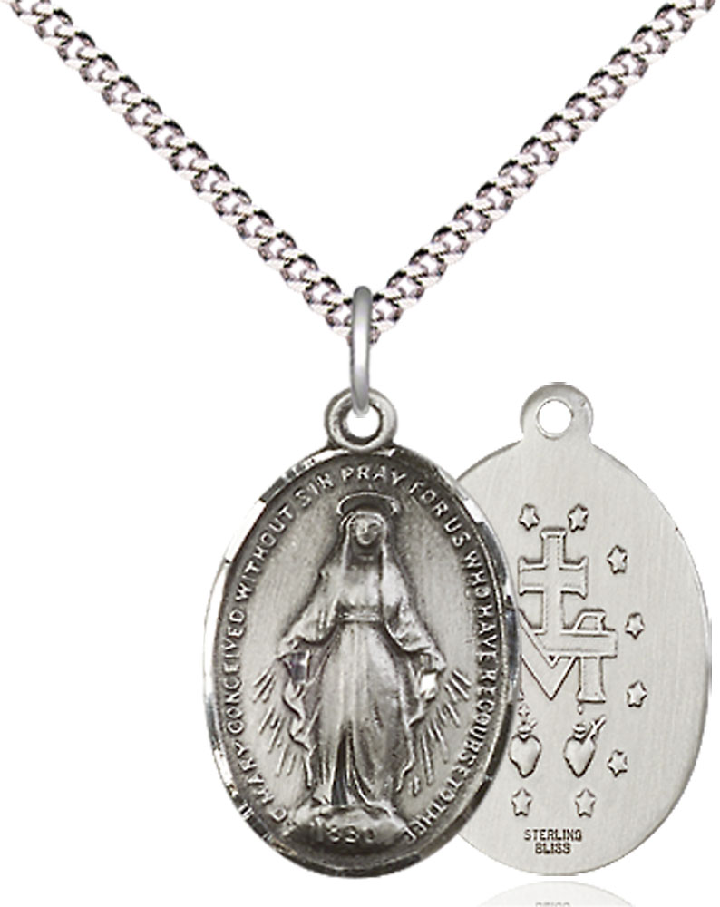 Sterling Silver Miraculous Pendant on a 18 inch Light Rhodium Light Curb chain