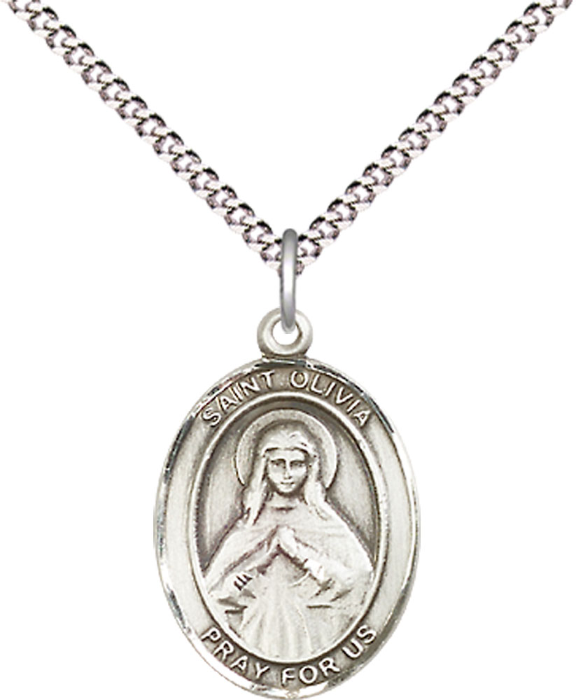 Sterling Silver Saint Olivia Pendant on a 18 inch Light Rhodium Light Curb chain