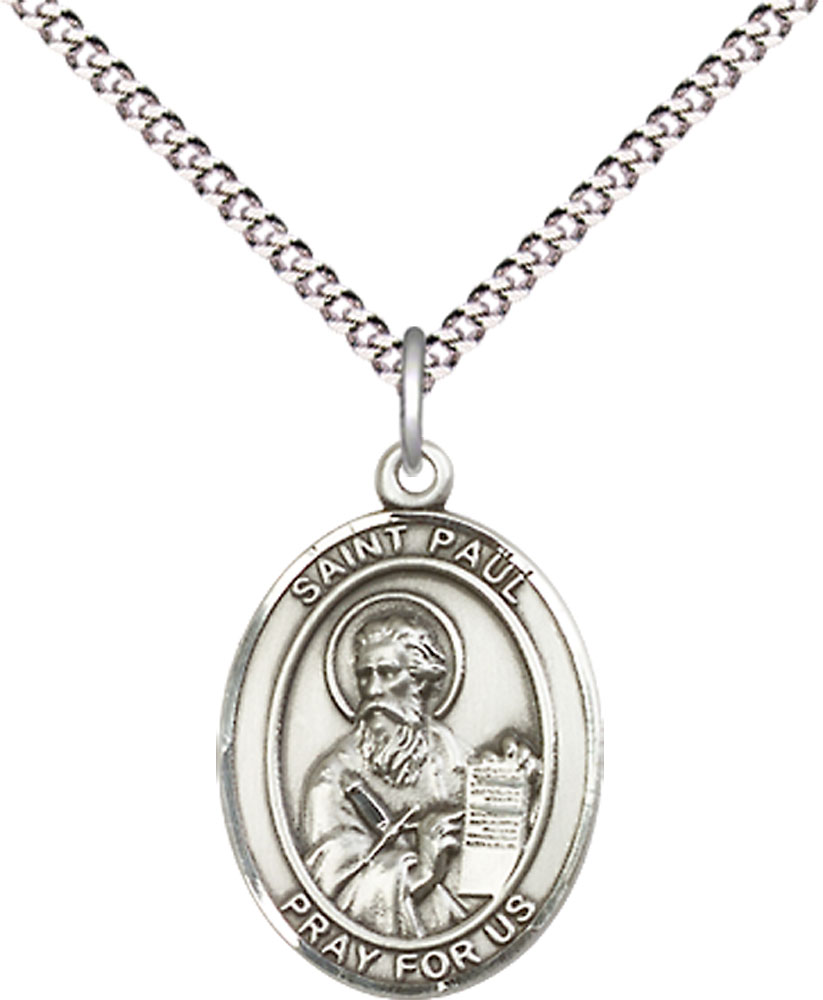 Sterling Silver Saint Paul the Apostle Pendant on a 18 inch Light Rhodium Light Curb chain
