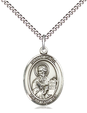 Sterling Silver Saint Paul the Apostle Pendant on a 18 inch Light Rhodium Light Curb chain